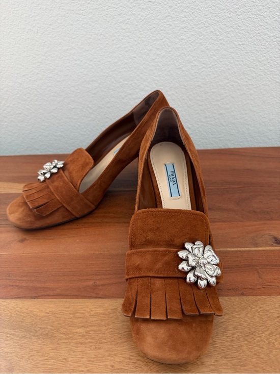 Prada Shoes - Prada Rust Brown Suede Fringe Loafers with Silver Floral Buckle